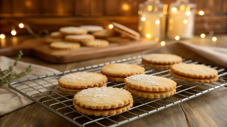 Freshly baked homemade wafer cookies cooling on a wire rack, golden and crisp with delicate edges.