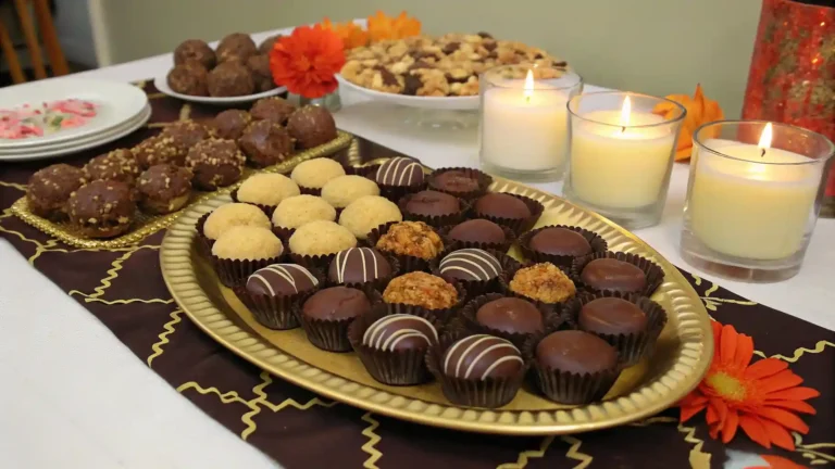 A dessert platter with Butterfinger Ballsrecipe, chocolate truffles, and peanut butter cups, set on a festive table.