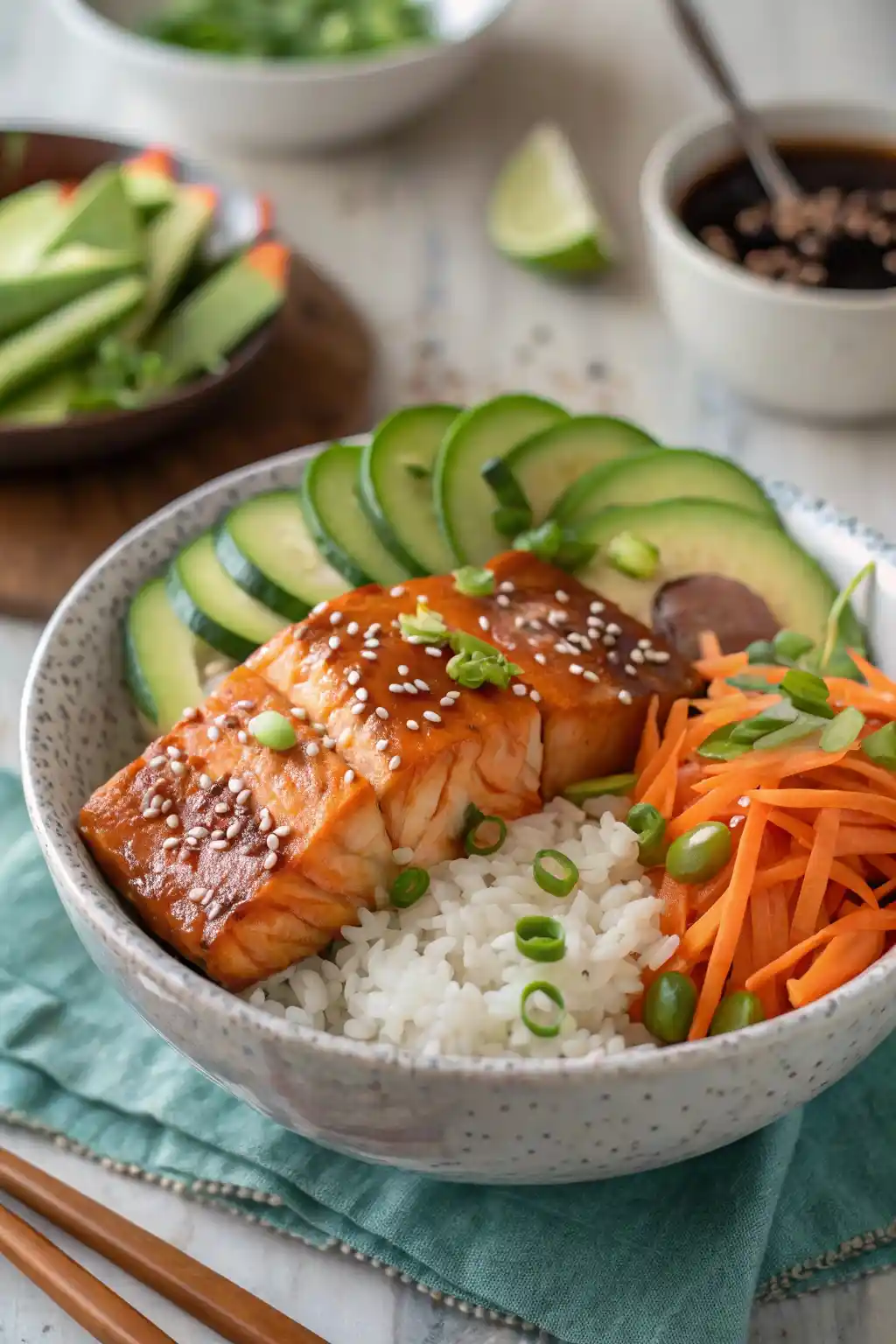 A bowl of sticky miso salmon with rice, fresh vegetables, and a glossy miso glaze, garnished with sesame seeds and green onions.