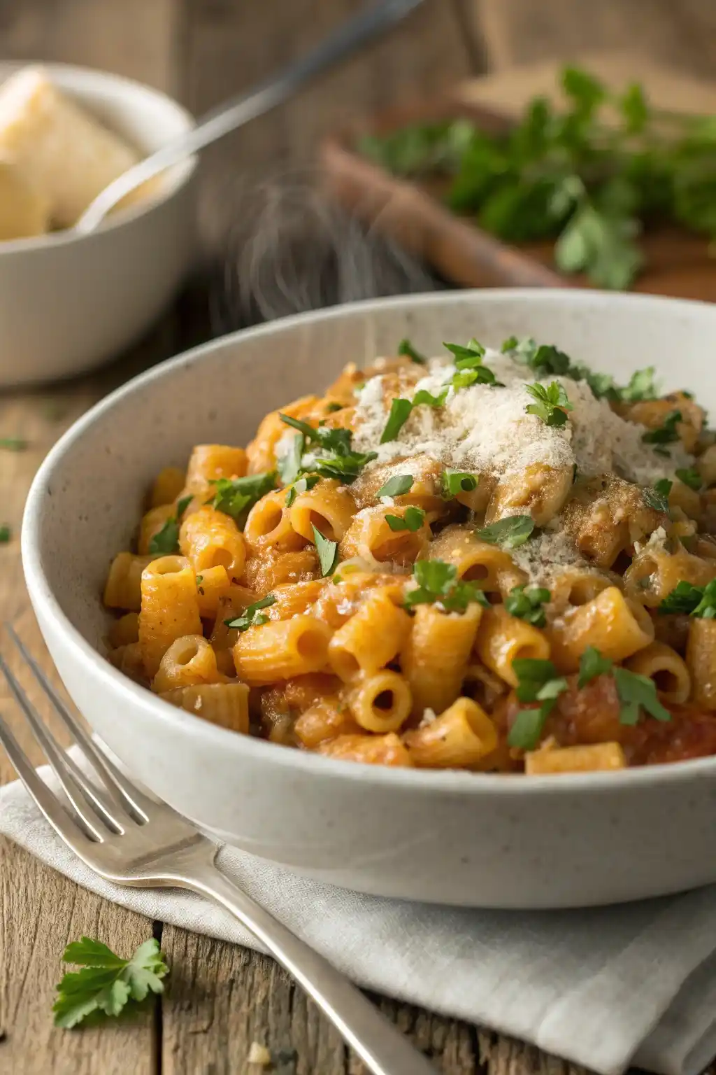 A bowl of creamy ditalini pasta, topped with fresh parsley and Parmesan cheese, served on a wooden table.