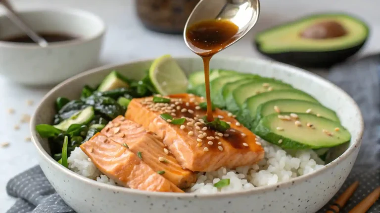 Close-up of someone drizzling homemade miso glaze over a fresh Miso Salmon Bowl with rice, avocado, and greens.