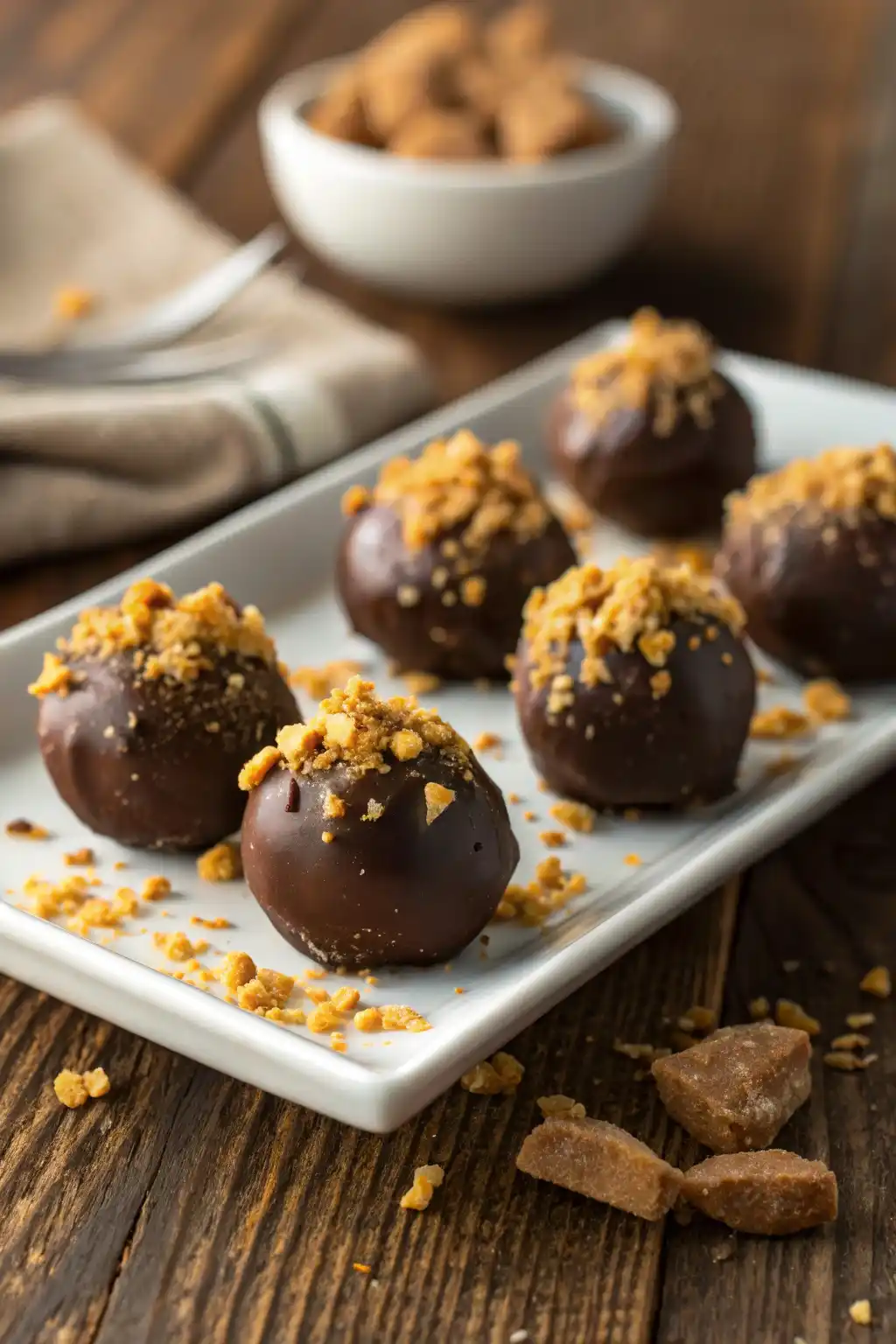Homemade Butterfinger Balls recipe coated in chocolate and topped with crushed Butterfinger pieces, arranged on a white plate.