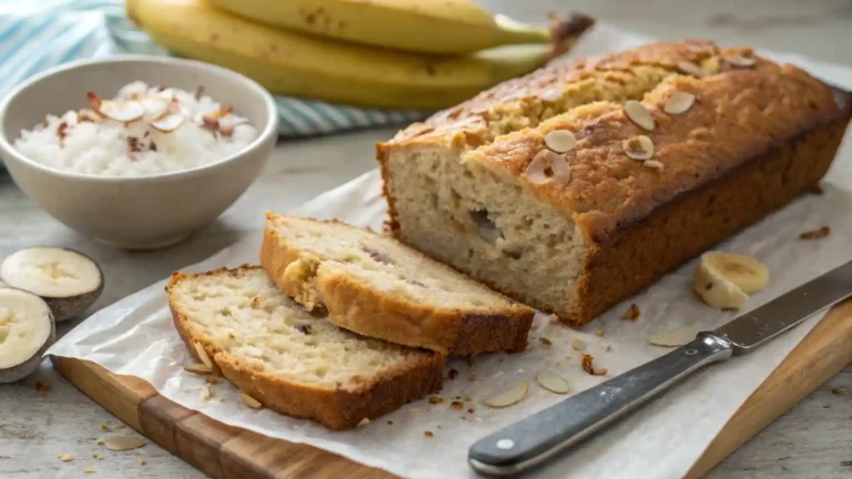 A close-up of a sliced coconut banana bread loaf, showing its soft and moist texture, with a knife and coconut flakes in the background.