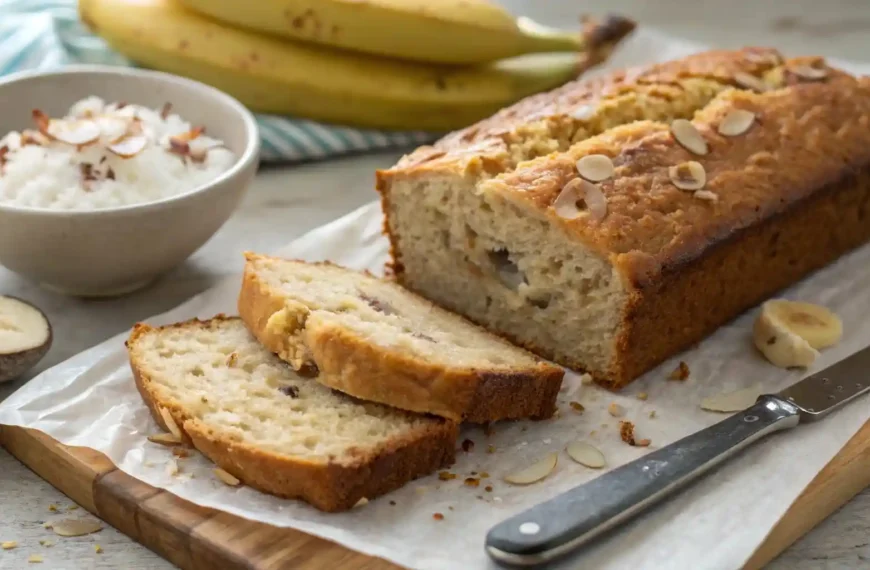 A close-up of a sliced coconut banana bread loaf, showing its soft and moist texture, with a knife and coconut flakes in the background.