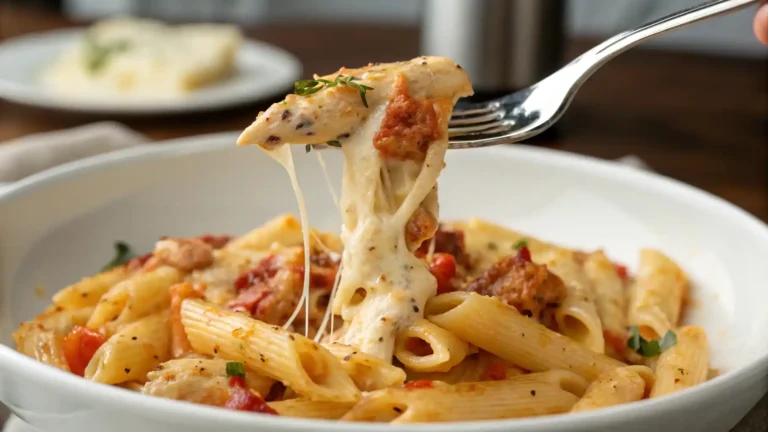 : A fork lifting a bite of Crack Chicken Penne with melted cheese stretching from the dish.