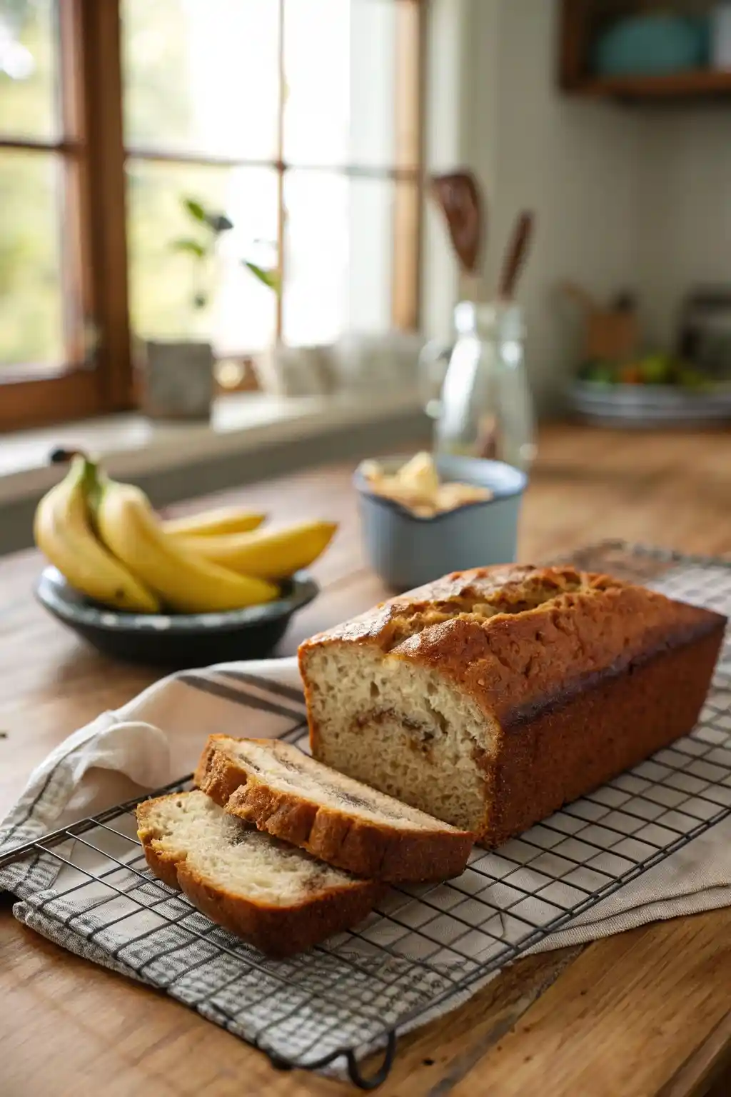 Freshly baked banana bread loaf cooling on a wire rack, with a golden-brown crust and a moist interior.