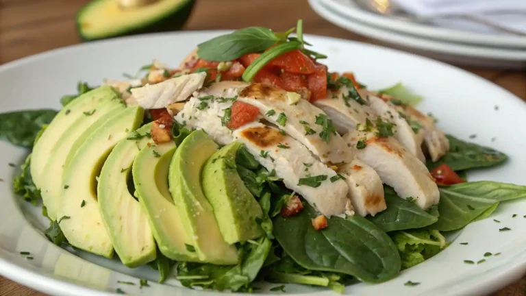 Fresh chicken salad on a bed of mixed greens, topped with avocado and garnished with herbs.