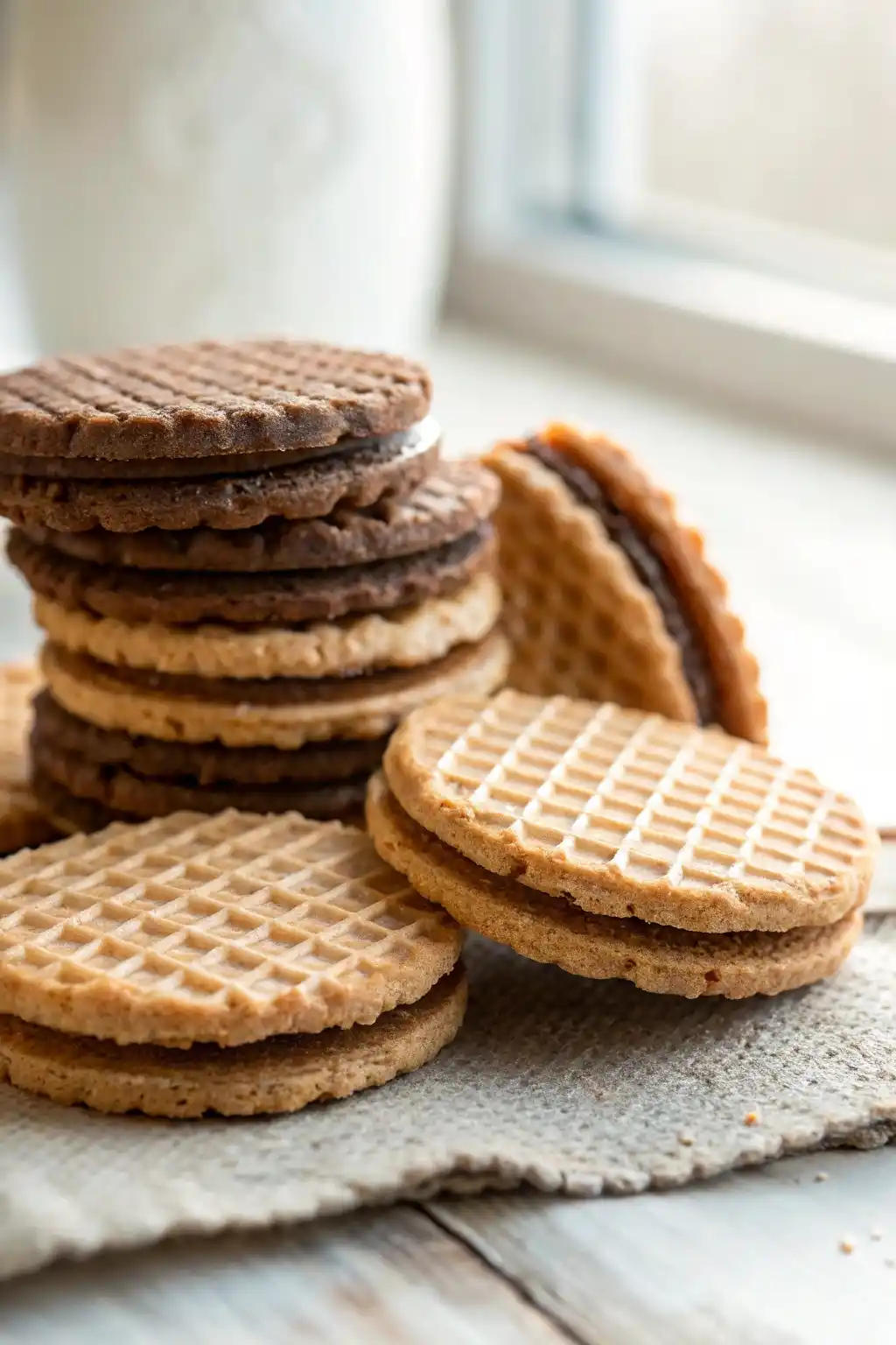 Freshly baked homemade wafer cookies cooling on a wire rack, golden and crisp with delicate edges.
