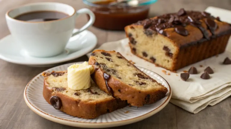 A slice of warm chocolate chip banana bread topped with butter, served with a cup of coffee on a rustic plate.