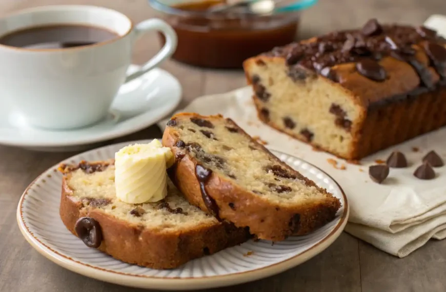 A slice of warm chocolate chip banana bread topped with butter, served with a cup of coffee on a rustic plate.