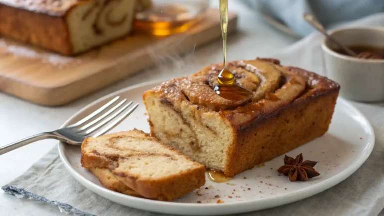 A warm slice of cinnamon swirl banana bread on a plate, drizzled with honey, with a fork beside it.