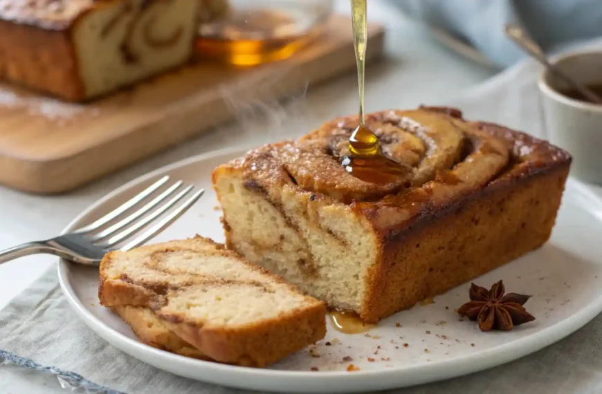 A warm slice of cinnamon swirl banana bread on a plate, drizzled with honey, with a fork beside it.