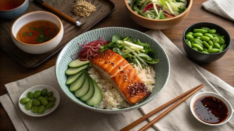 A dinner table with a sticky miso salmon bowl recipe at the center, accompanied by side dishes such as miso soup, cucumber salad, and steamed edamame.