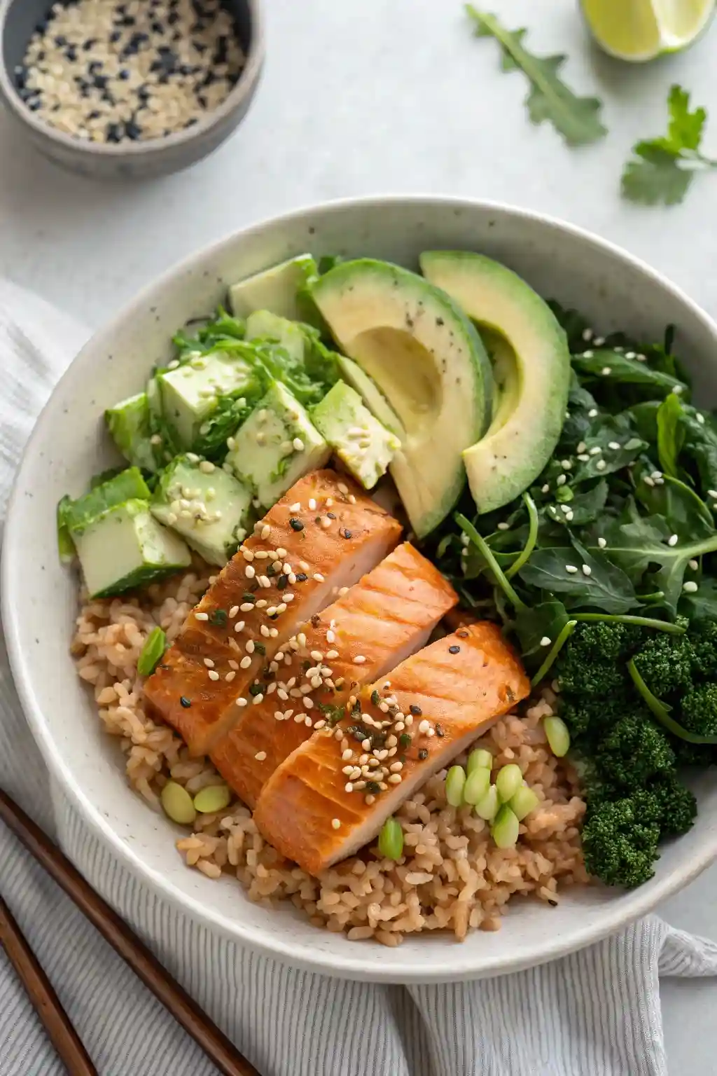 A close-up of a Sweetgreen-inspired Miso Salmon Bowl with salmon fillets, brown rice, greens, avocado, cucumber, and sesame seeds, topped with a miso glaze.