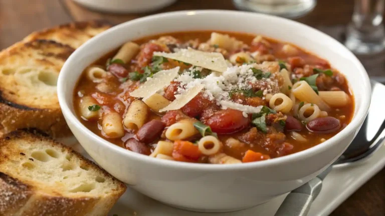 A close-up of a hearty bowl of Pasta Fagioli, topped with freshly grated Parmesan cheese and served with crispy toasted bread.