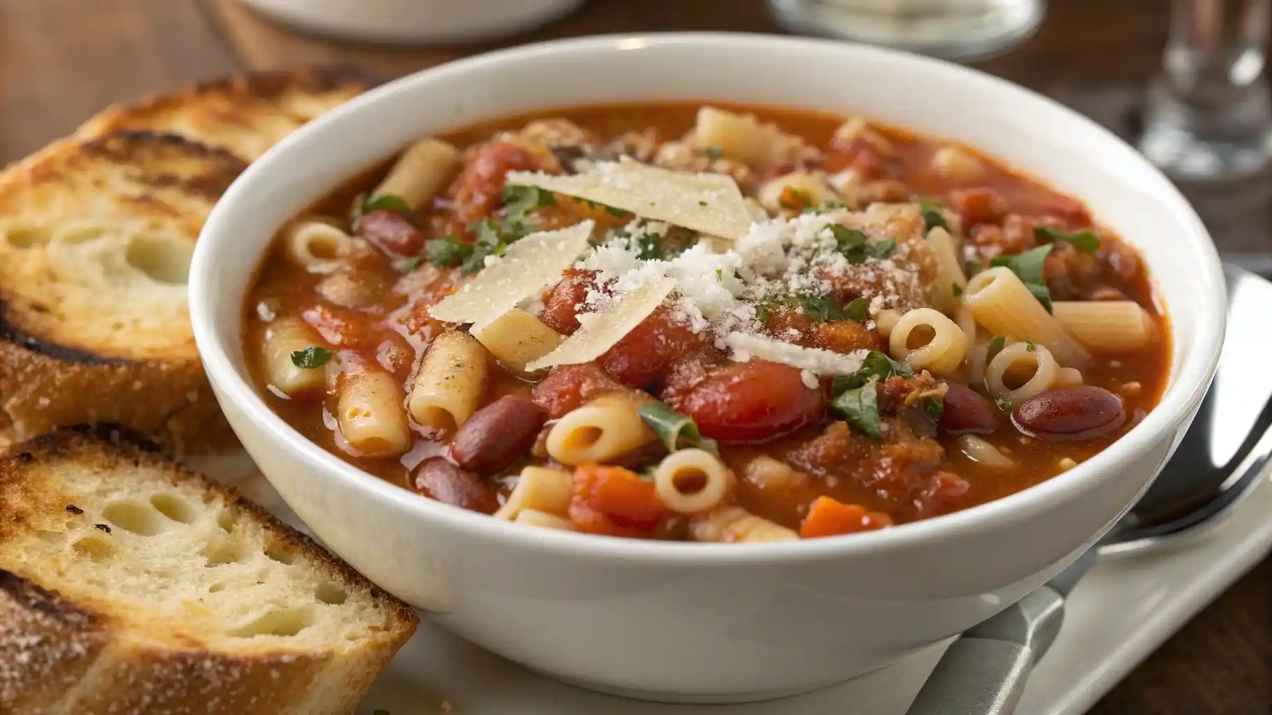 A close-up of a hearty bowl of Pasta Fagioli, topped with freshly grated Parmesan cheese and served with crispy toasted bread.
