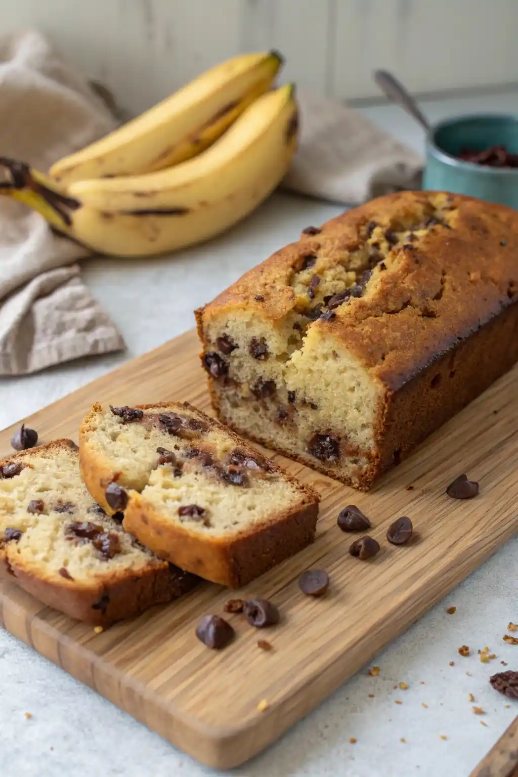 Freshly baked chocolate chip banana bread on a wooden board with a slice cut, showing the moist texture and chocolate chips.