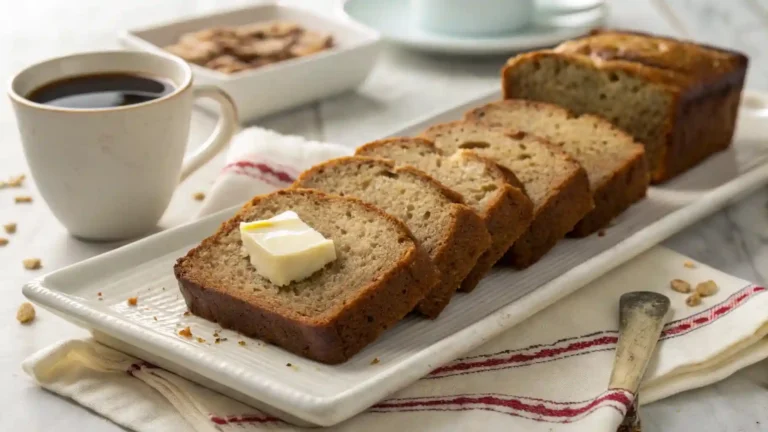 Slices of warm banana bread on a white plate, with a pat of butter melting on top and a cup of coffee nearby.
