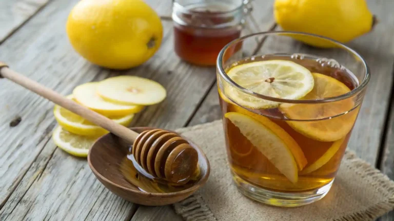 Apple cider vinegar, lemon, and honey drink served in a glass with honey and lemon slices beside it