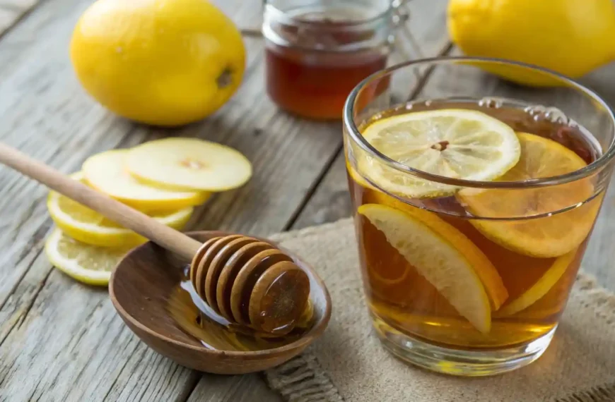 Apple cider vinegar, lemon, and honey drink served in a glass with honey and lemon slices beside it