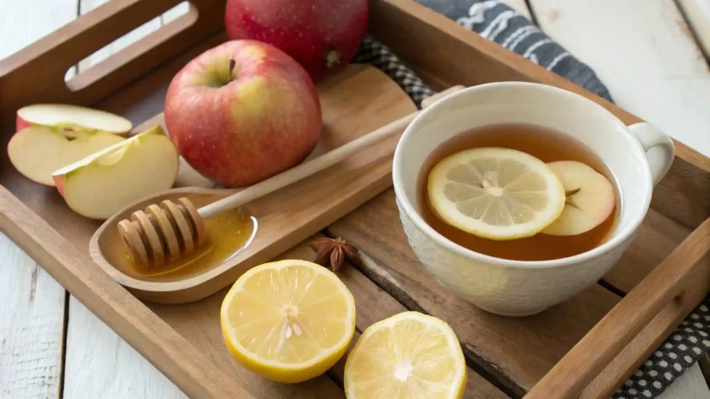 A rustic tray with apple cider vinegar, lemon, and honey drink, fresh apple, lemon halves, and honey dipper.