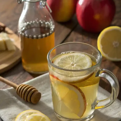 A refreshing apple cider vinegar lemon and honey drink with a lemon slice garnish, accompanied by honey and a vinegar bottle.