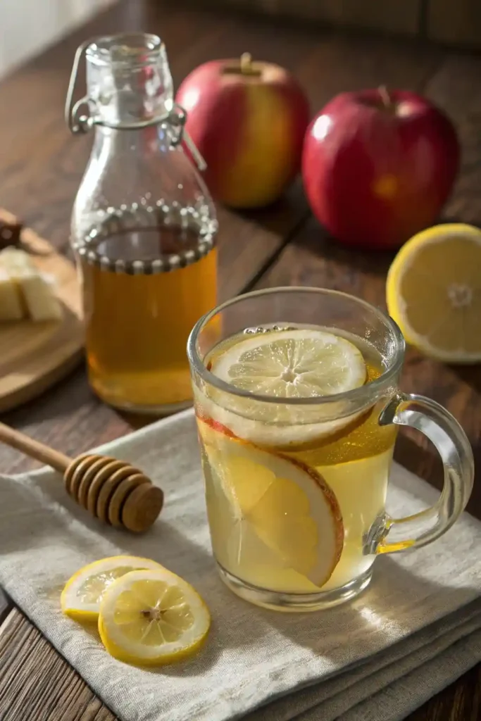 A refreshing apple cider vinegar lemon and honey drink with a lemon slice garnish, accompanied by honey and a vinegar bottle.
