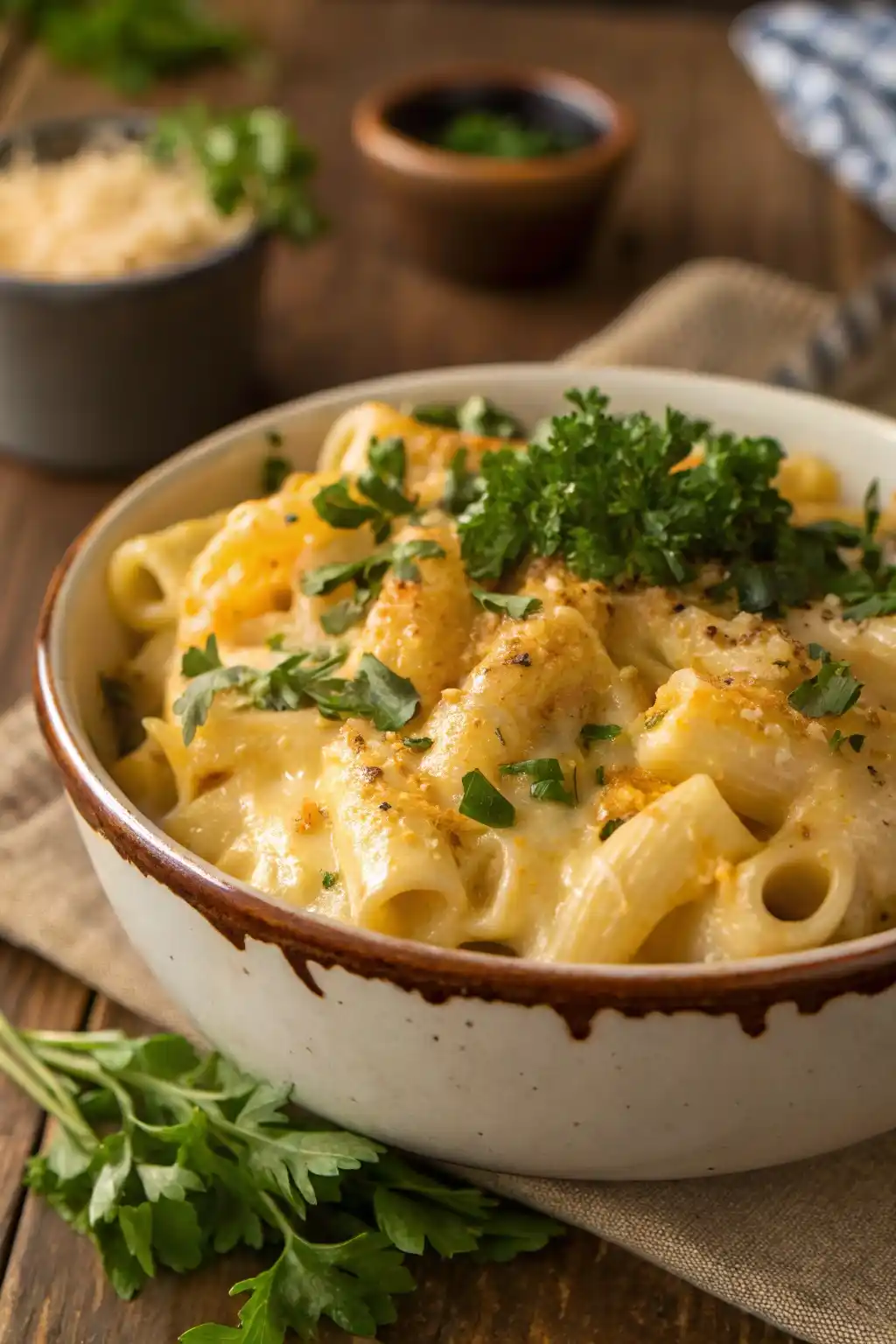 A close-up of creamy Beecher’s mac and cheese recipe topped with fresh parsley, showing the rich cheese sauce and tender pasta.