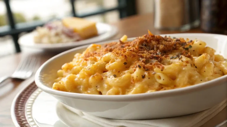 A close-up shot of Beecher’s Mac and Cheese, showcasing its creamy texture and rich colors, captured with soft natural lighting for a warm, inviting look. The background is blurred to keep the focus on the dish.