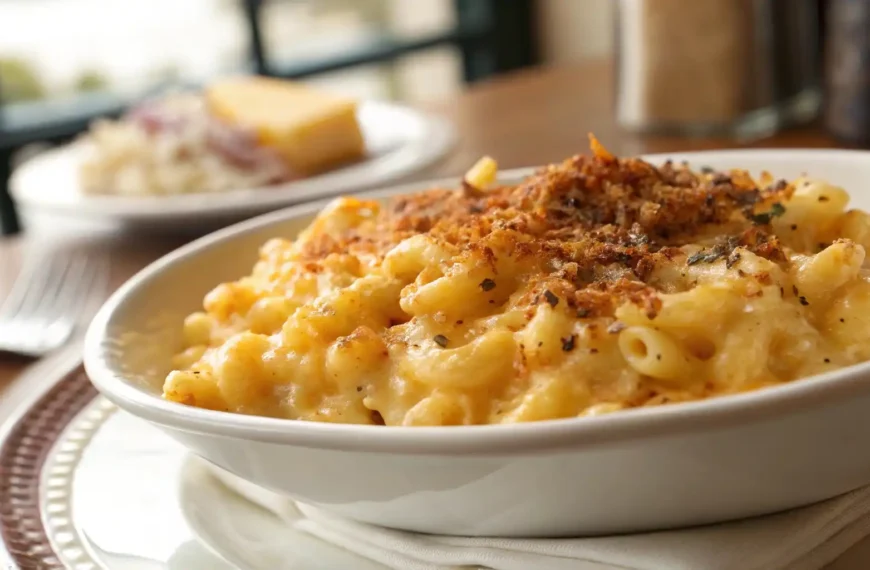 A close-up shot of Beecher’s Mac and Cheese, showcasing its creamy texture and rich colors, captured with soft natural lighting for a warm, inviting look. The background is blurred to keep the focus on the dish.