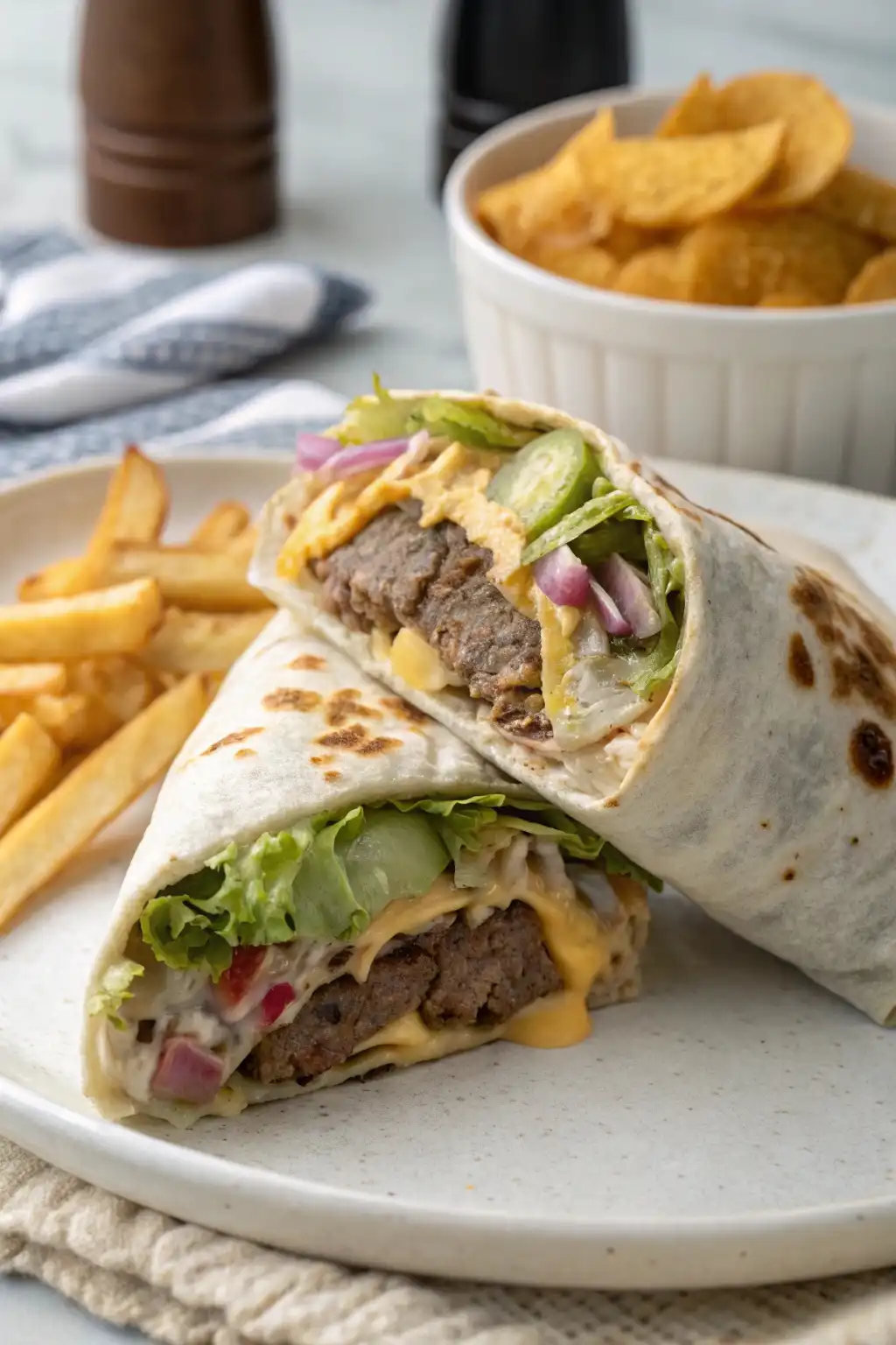 Sliced Big Mac wrap on white plate showing beef, cheese, lettuce, pickles, and sauce