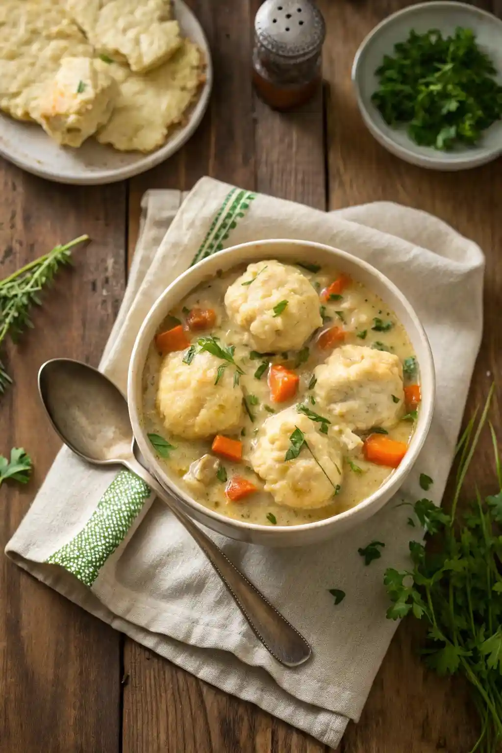 A bowl of creamy Bisquick chicken and dumplings recipe with fluffy golden dumplings and tender chicken stew, served with a spoon on a rustic table.