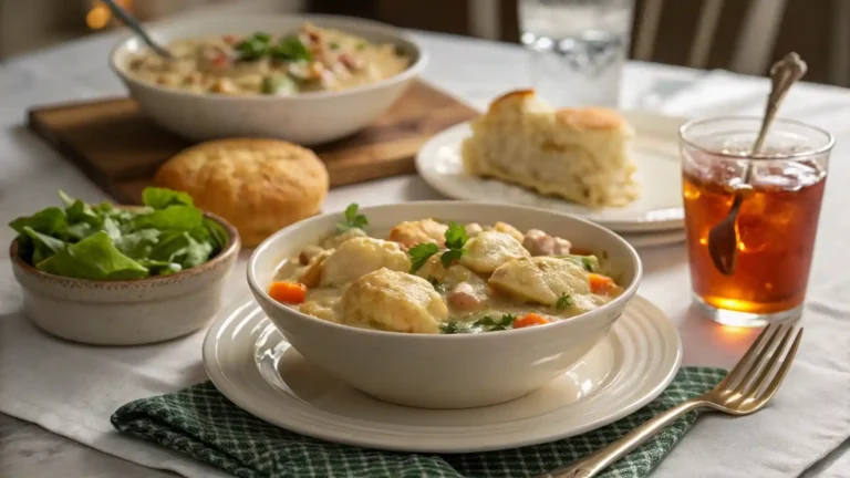 A bowl of Bisquick chicken and dumplings served with a side salad, biscuit, and a glass of lemonade on a cozy dinner table.
