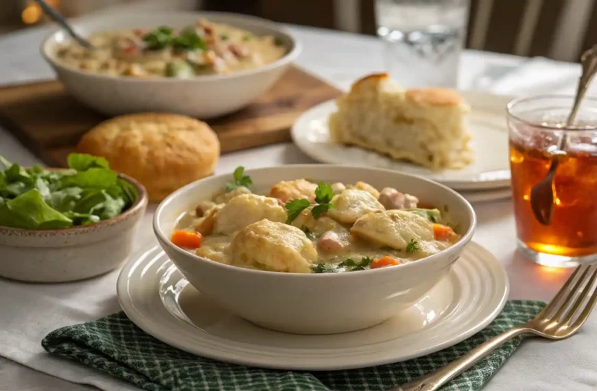 A bowl of Bisquick chicken and dumplings served with a side salad, biscuit, and a glass of lemonade on a cozy dinner table.