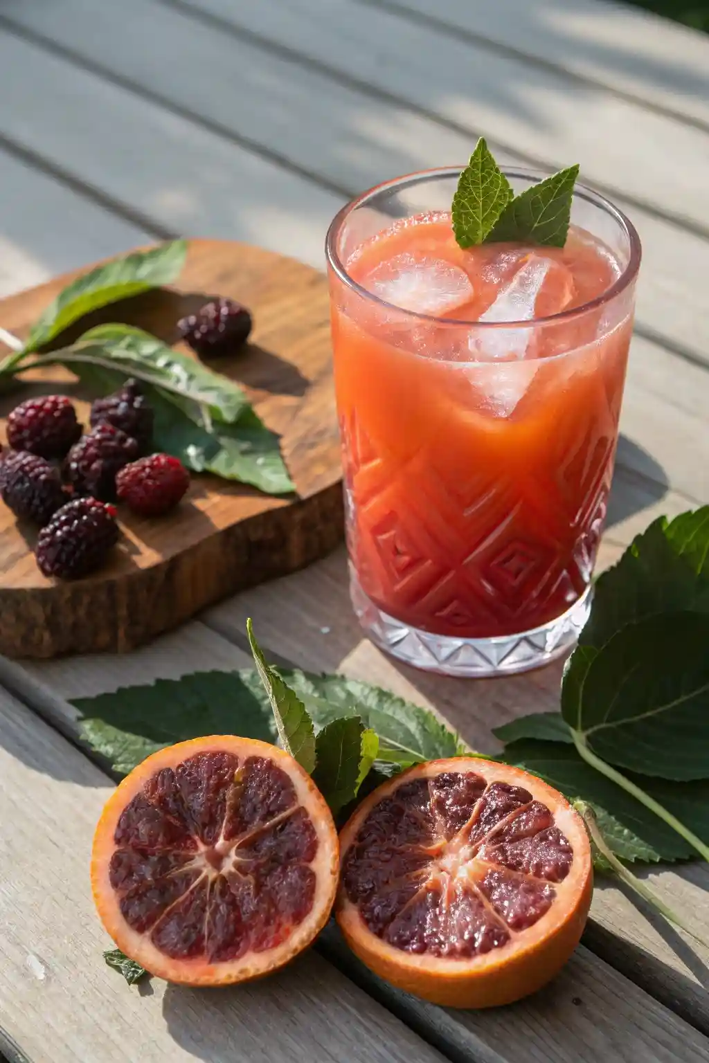 Glass of blood orange and mulberry leaf solid drink served with fresh blood oranges and mulberry leaves on a rustic table.