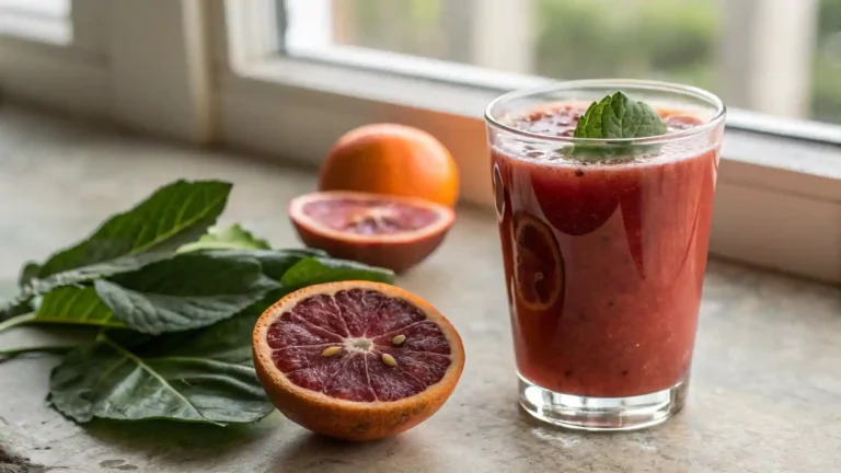 Ultra-realistic close-up of blood orange and mulberry leaf solid drink with rich textures and natural colors, captured under soft daylight for a warm and inviting appearance, isolated on a clean background.
