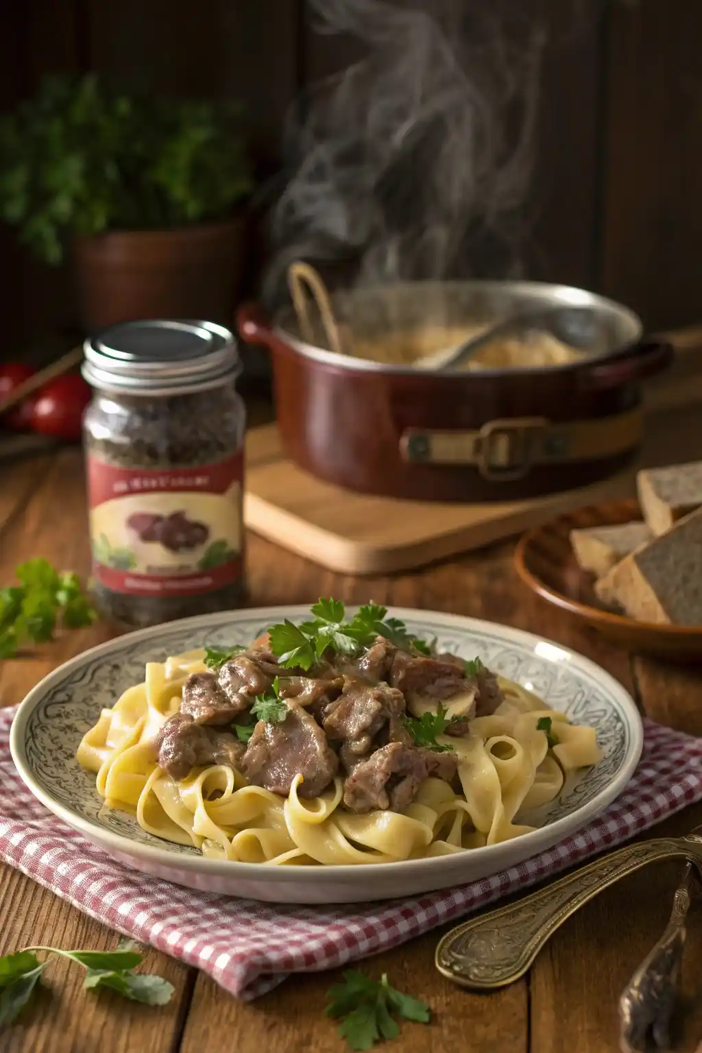 Creamy canned deer meat recipe stroganoff served over egg noodles with parsley in a rustic kitchen setting