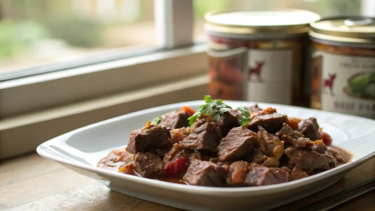 Close-up of a plated canned deer meat recipe with rich texture and natural lighting, captured in a realistic food photography style without background distractions
