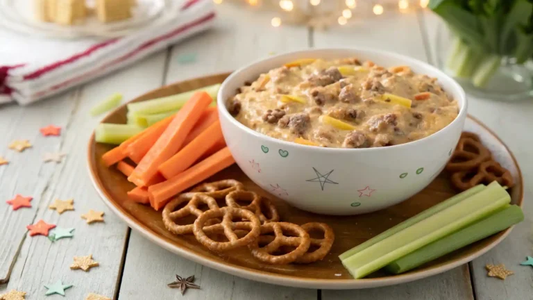 Cheeseburger dip served with pretzels and fresh veggies for dipping