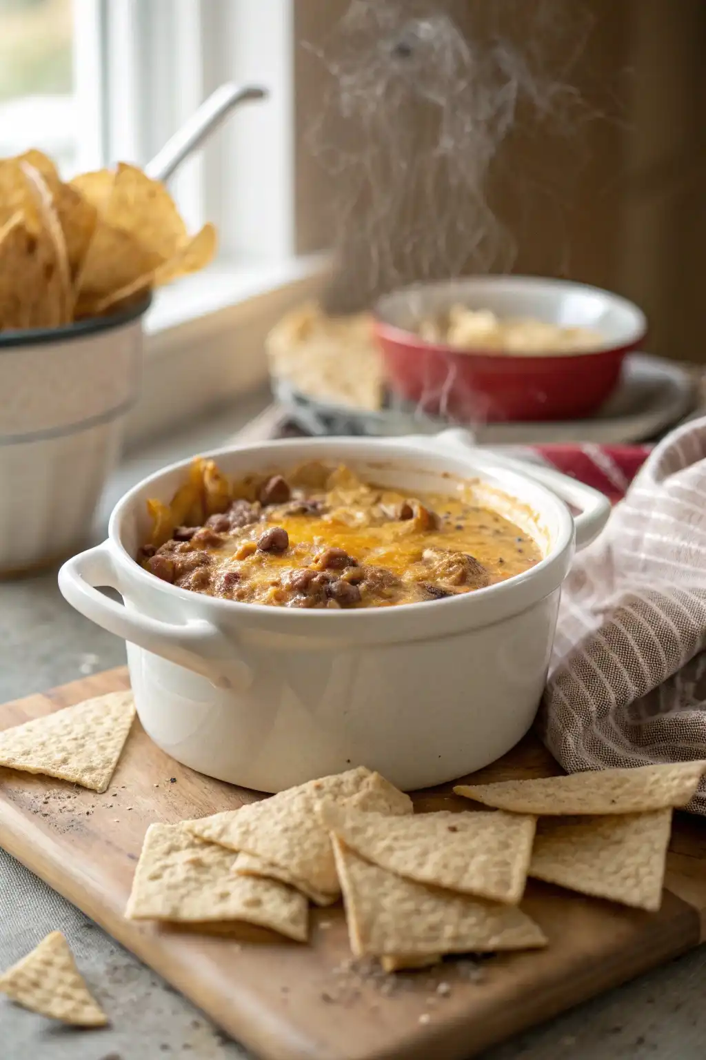 Cheeseburger dip crock pot surrounded by chips, ready to serve at a party