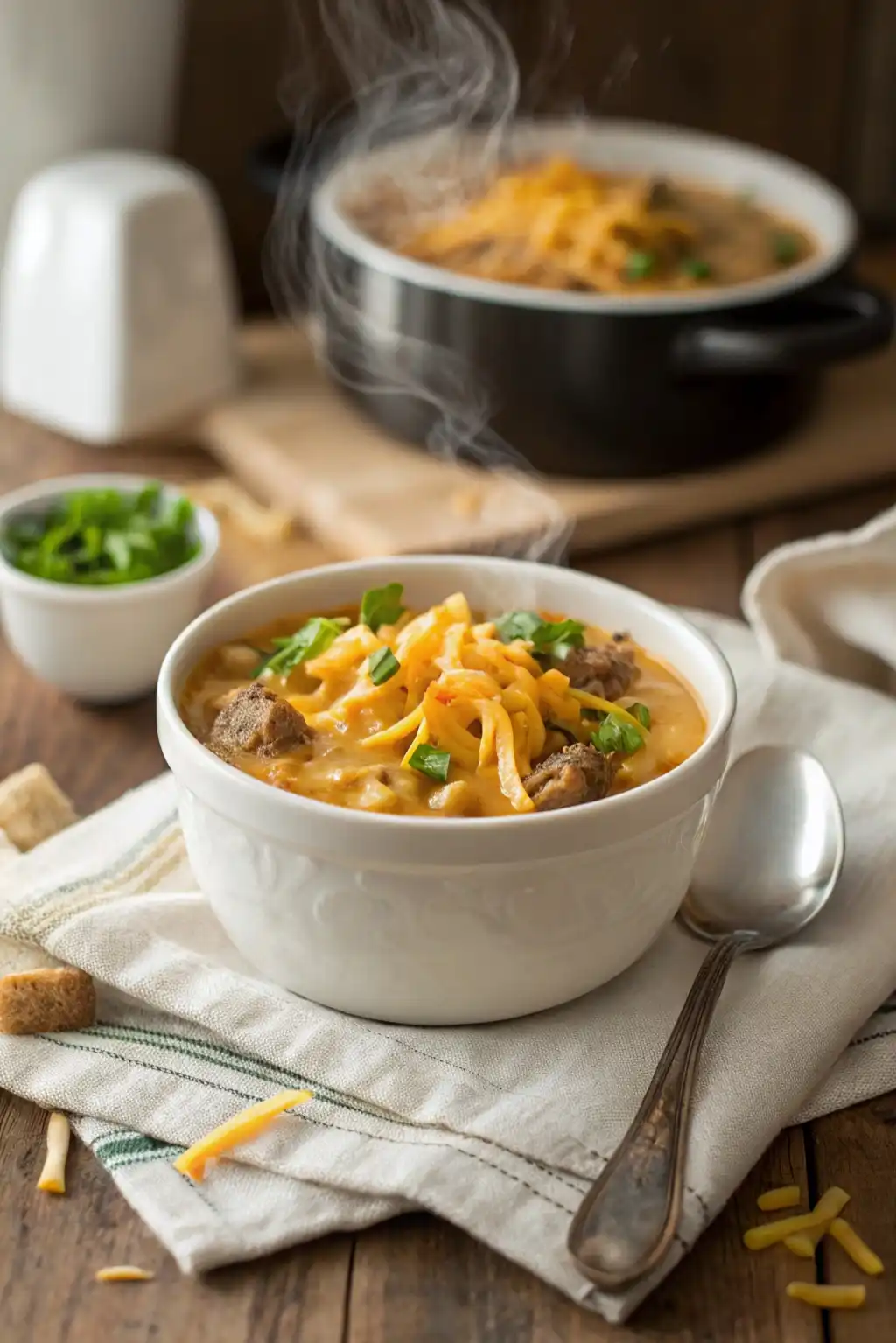 A bowl of creamy cheeseburger macaroni soup topped with cheddar and green onions in a cozy kitchen setting.