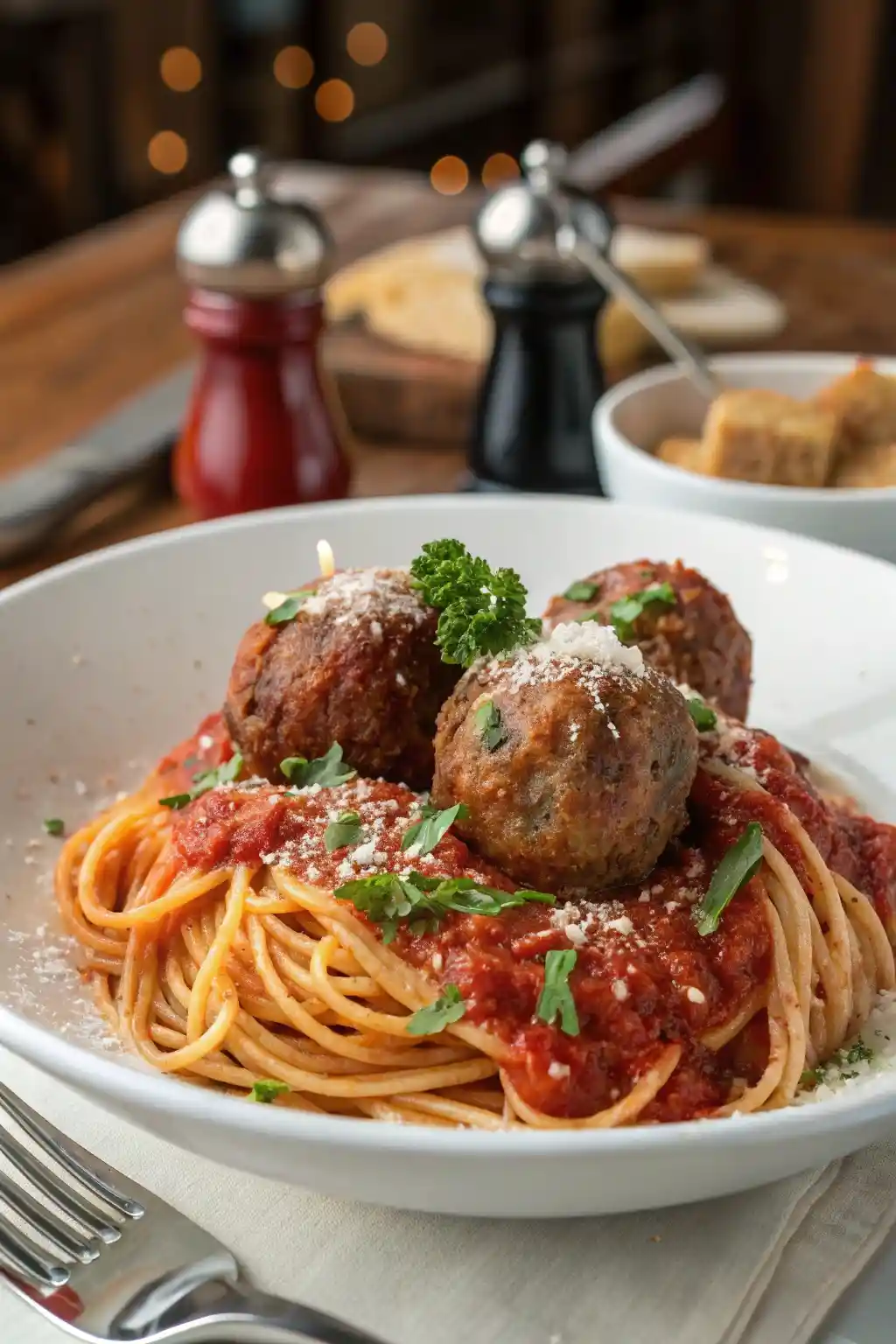 Cheesecake Factory Spaghetti and Meatballs in tomato sauce served in a white bowl, topped with parmesan and parsley, Cheesecake Factory copycat recipe.