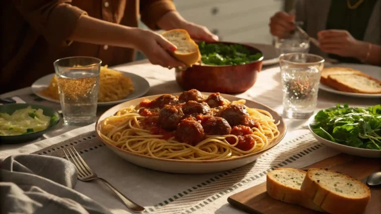 Family dinner table with spaghetti and meatballs, garlic bread, and salad in a cozy setting.