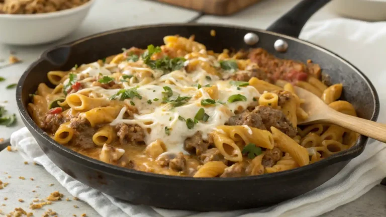 A close-up of cheesy beef taco pasta in a skillet, showcasing the creamy sauce, ground beef, and melted cheese with taco seasoning, garnished with fresh herbs.