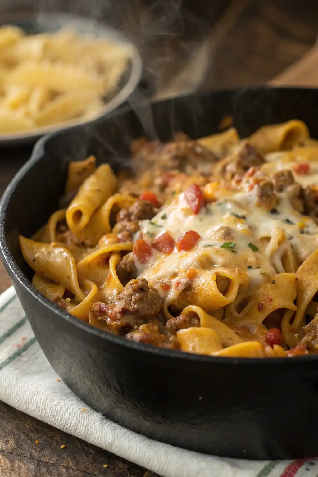 A close-up of creamy cheesy beef taco pasta in a skillet, with melted cheese on top, showcasing the rich, creamy sauce and flavorful ground beef.