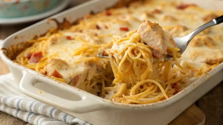 Cheesy baked chicken spaghetti in a casserole dish with golden melted cheese being served.