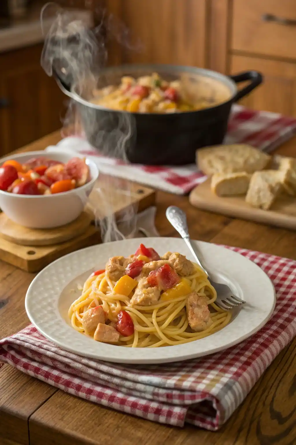 Creamy Chicken Spaghetti with Velveeta Cheese and Rotel served on a plate with iced tea in a rustic kitchen setting.