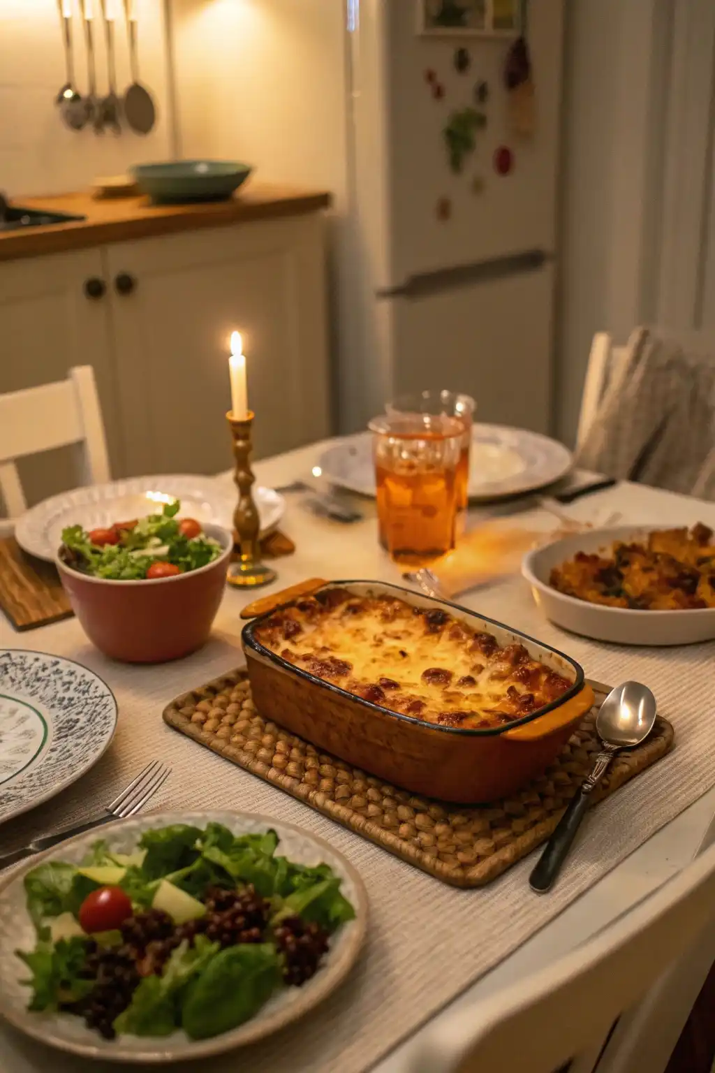Comfort food dinner scene featuring cornbread casserole with ground beef side dishes on a family table.