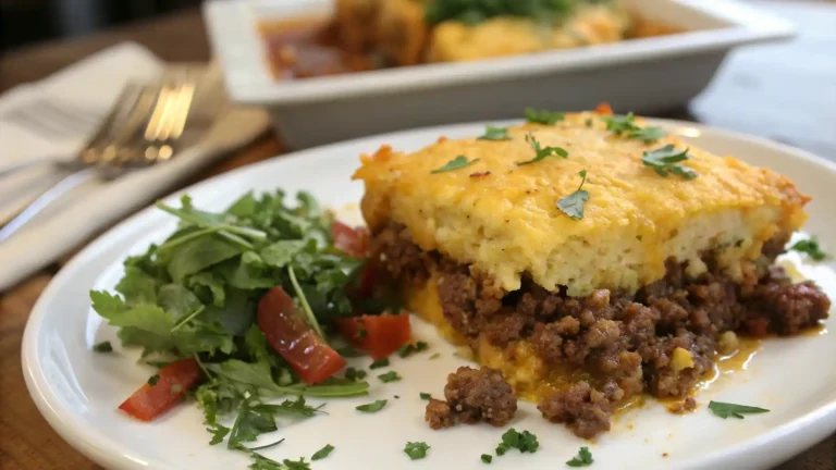Slice of cheesy cornbread casserole with visible beef and cornbread layers, served with salad.