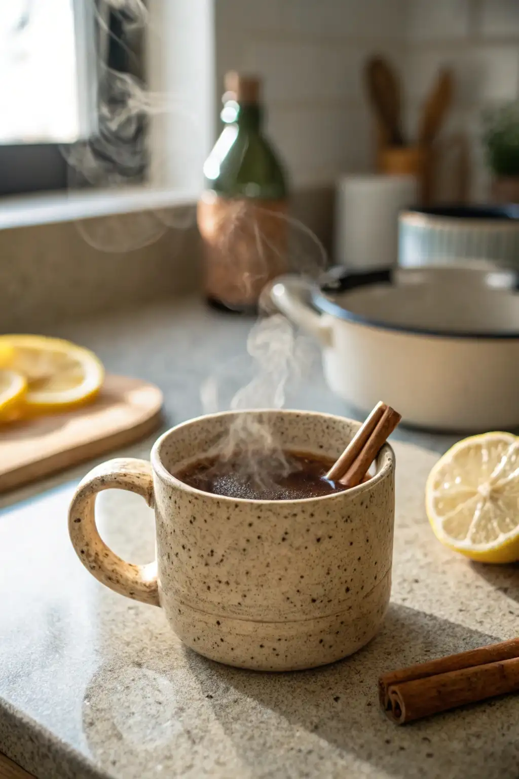 A cozy, steaming cup of Costa Rican Tea Recipe served in a handmade ceramic mug on a kitchen counter. Visible tea steam rising, with a cinnamon stick inside the cup and lemon slice on the side. Soft natural light, slightly blurred kitchen background for warmth.